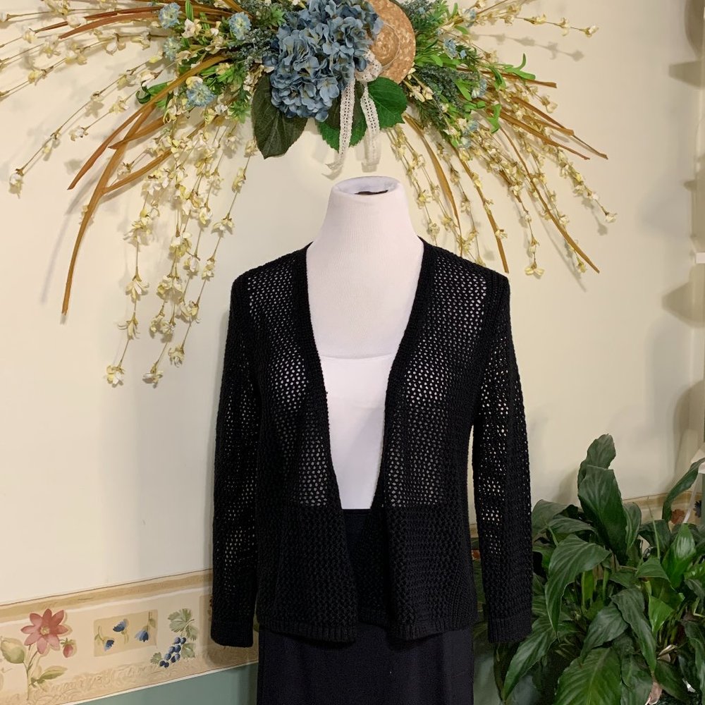 Open Front Crocheted Knit Cardigan Black